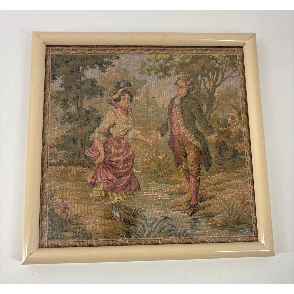 Vintage Needlepoint Tapestry Wall Art French Country Courtship Framed